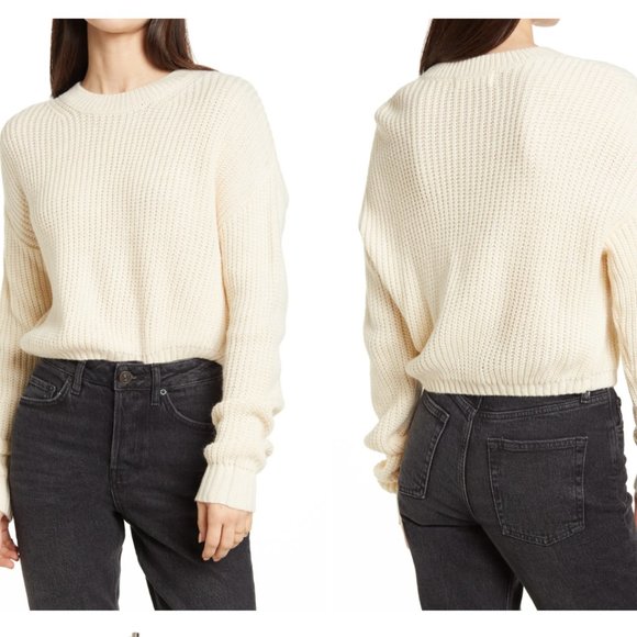 Elodie Sweaters - Elodie Cream Crewneck Cropped Knit Sweater